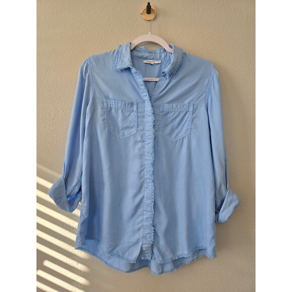 Chico’s Lyocell Chambray Button Front Shirt Blue Frayed Hem Size 4 Sustainable - Picture 2 of 9